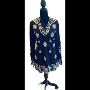 INC Blouse Size XL Tunic 95% Cotton 5% Spandex Black Intricate Stitching Design